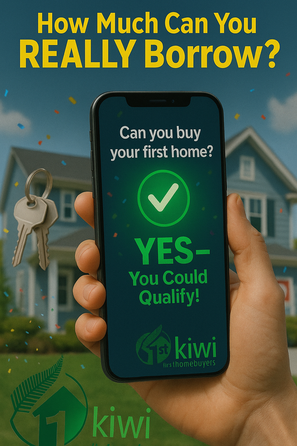 a hand holding a cell phone with keys in front of a house