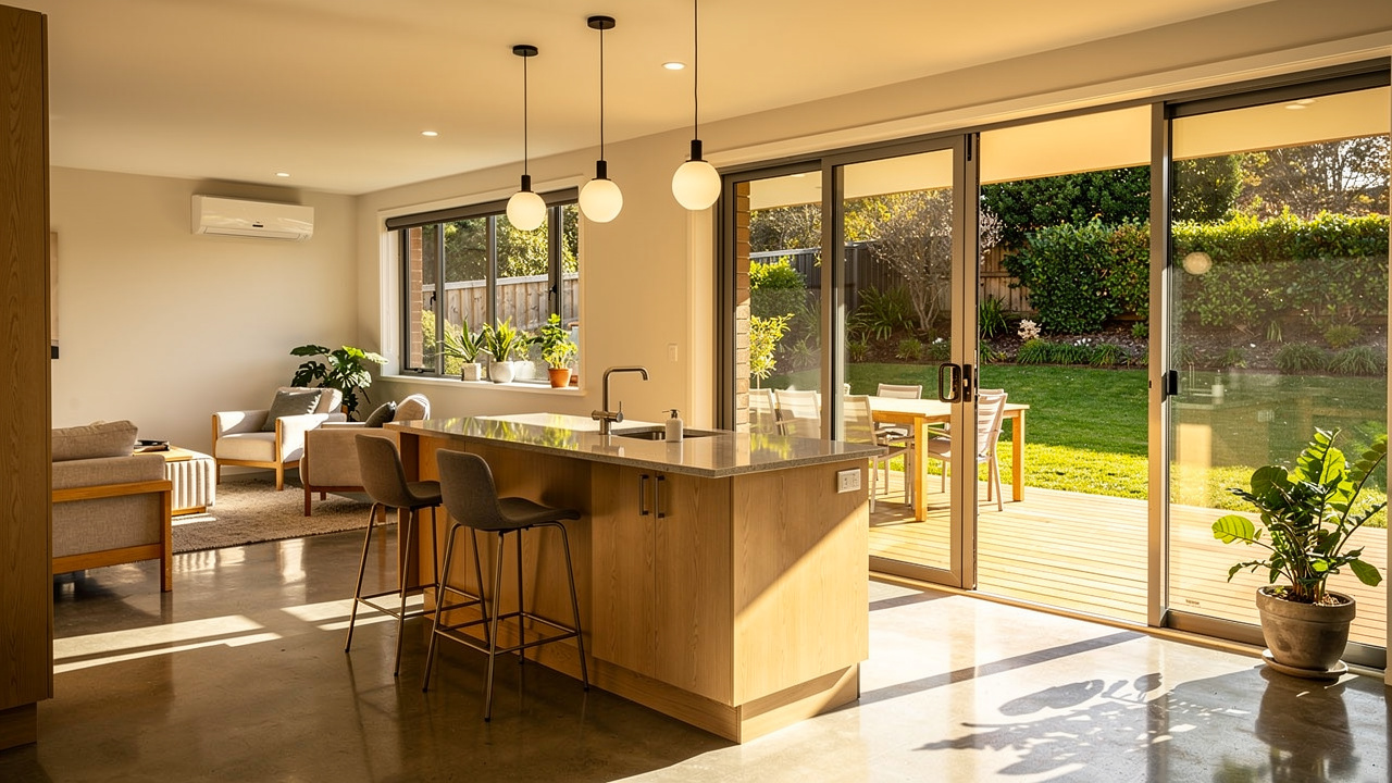 Bright energy-efficient New Zealand home open-plan interior