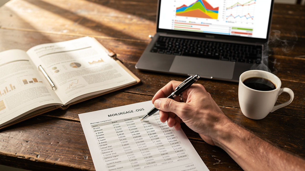 Person reviewing fixed and floating home loan options at table