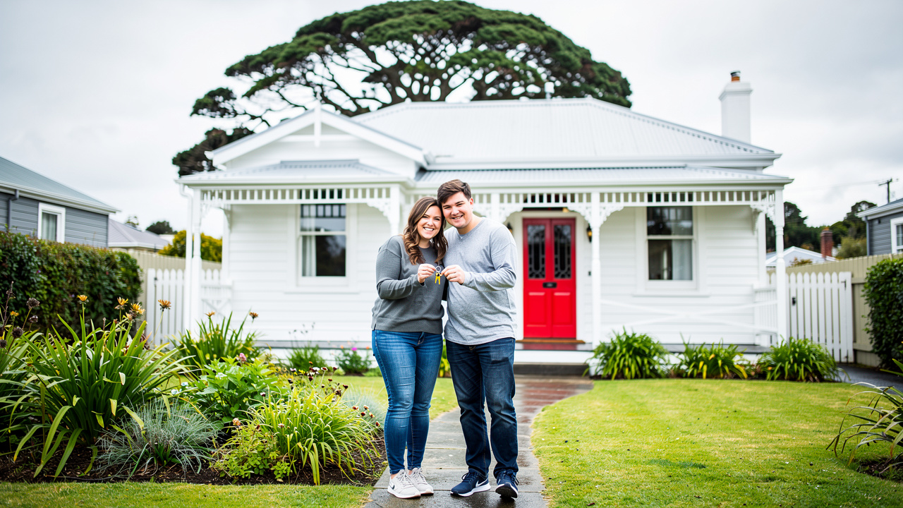Happy New Zealand couple holding keys to their first home