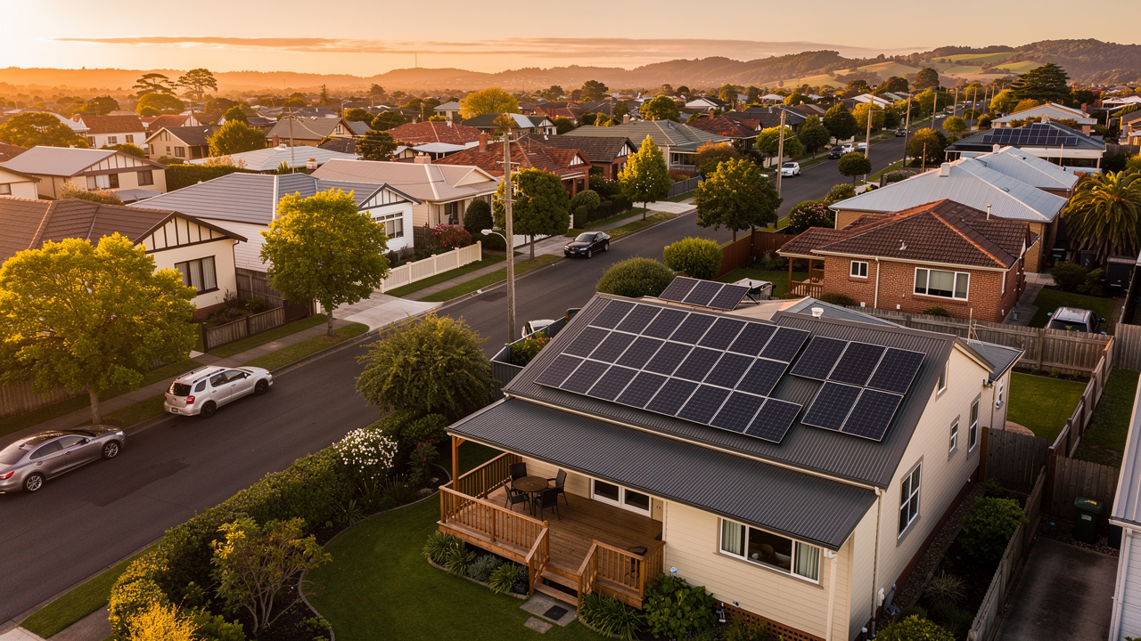 Aerial view of New Zealand suburban street at golden hour